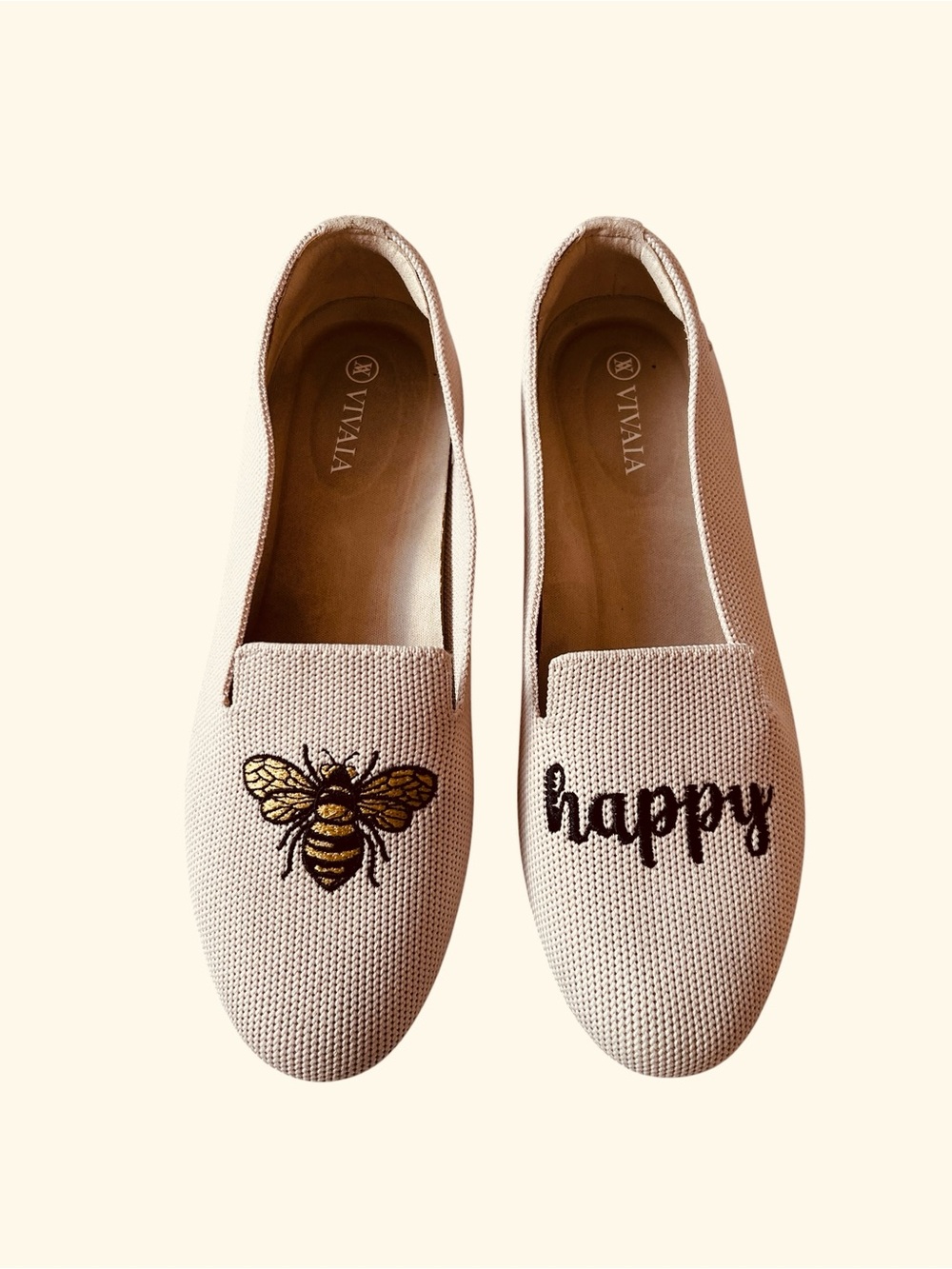 Vivaia audrey Round-Toe Embroidered Loafers Bee Happy ivory size 37 US 6.5